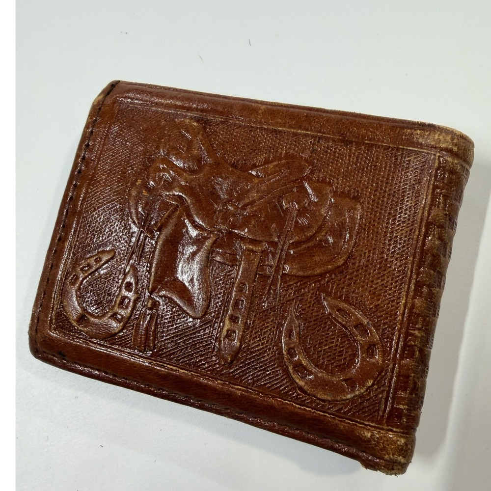 Vintage Tooled Leather Horse Cowhide Bifold Wallet Western Cowboy Brown Saddle